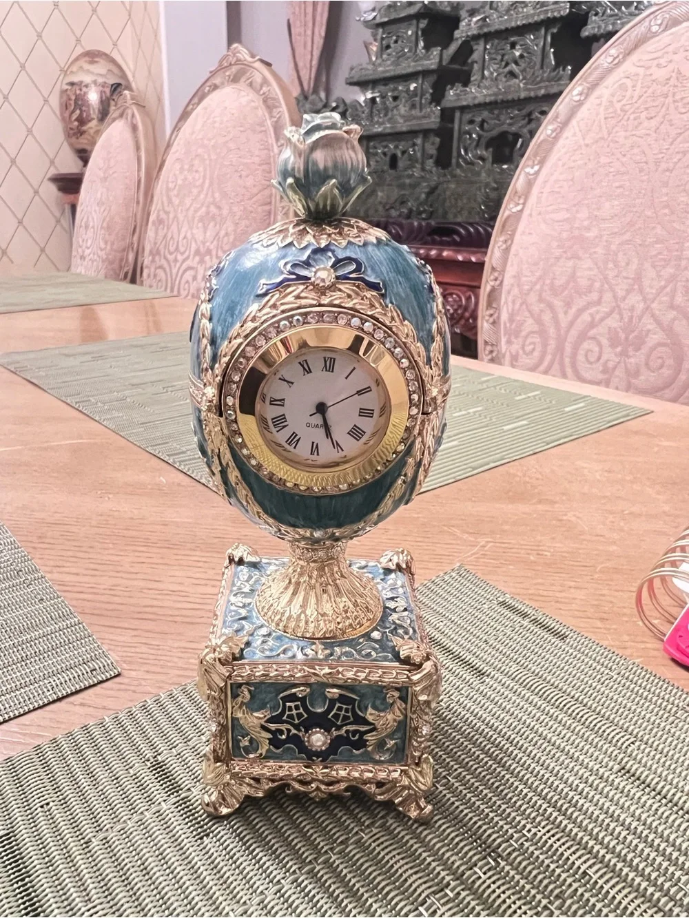 Faberge Blue and Gold Ornamental Egg Clock